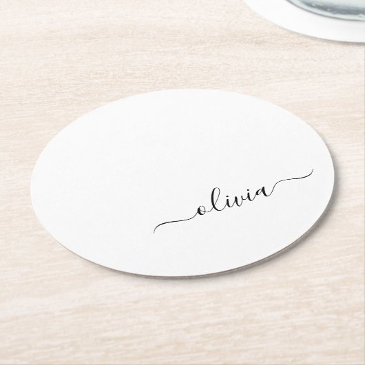 白黒モダンスクリプガーリートのモノグラム名 ラウンドペーパーコースター (アングル)