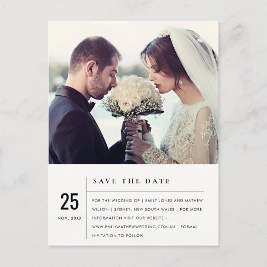 白黒モダンタイポグラフィ写真の保存日付 案内ポストカード (正面)