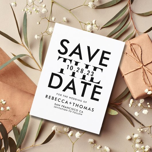 白黒モダンタイポグラフィ日付の保存Invita ポストカード