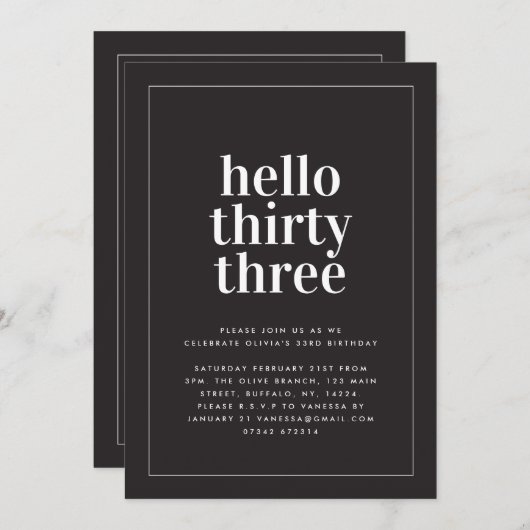 白黒モダンタイポグラフィ誕生日 招待状 (正面/裏面)