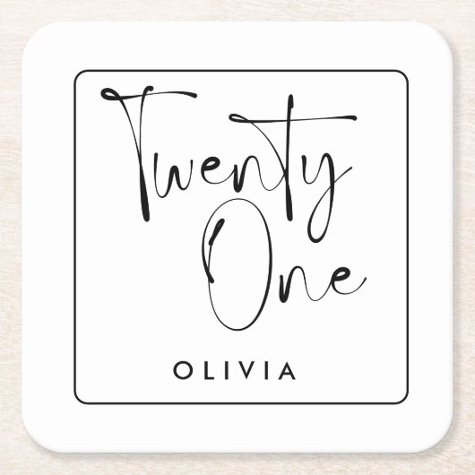 白黒モダンタイポグラフィ21歳の誕生日 スクエアペーパーコースター (正面)