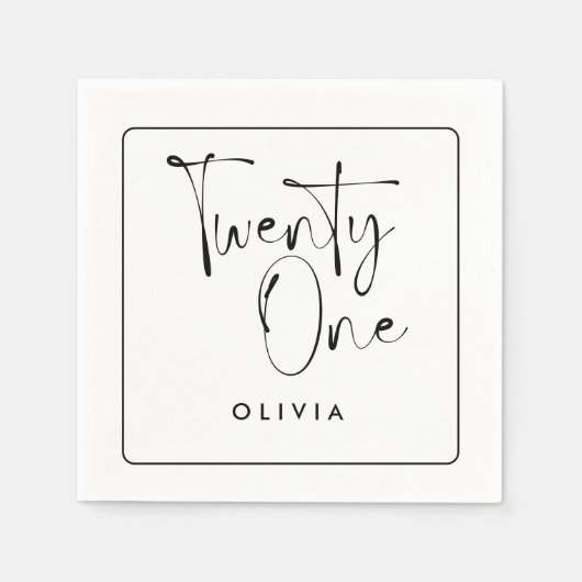 白黒モダンタイポグラフィ21歳の誕生日 スタンダードカクテルナプキン (正面)