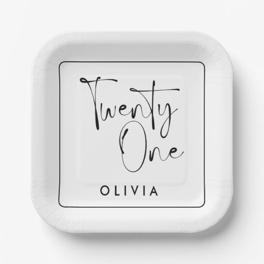 白黒モダンタイポグラフィ21歳の誕生日 ペーパープレート (正面)