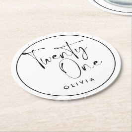 白黒モダンタイポグラフィ21歳の誕生日 ラウンドペーパーコースター