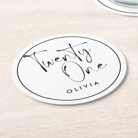 白黒モダンタイポグラフィ21歳の誕生日 ラウンドペーパーコースター (アングル)