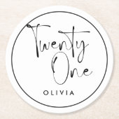 白黒モダンタイポグラフィ21歳の誕生日 ラウンドペーパーコースター (正面)