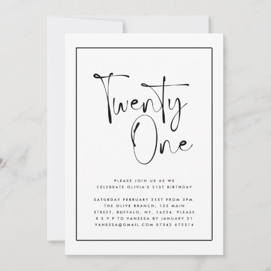 白黒モダンタイポグラフィ21歳の誕生日 招待状 (正面)