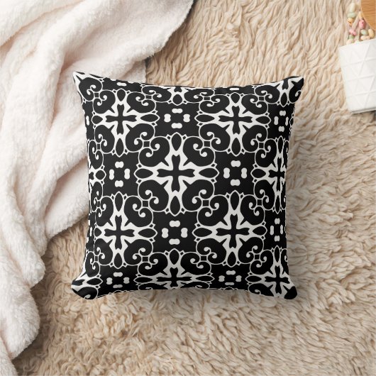 白黒モダンダマスクのグラフィックフローラ クッション (ブランケット)