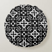 白黒モダンダマスクのグラフィックフローラ ラウンドクッション (正面)