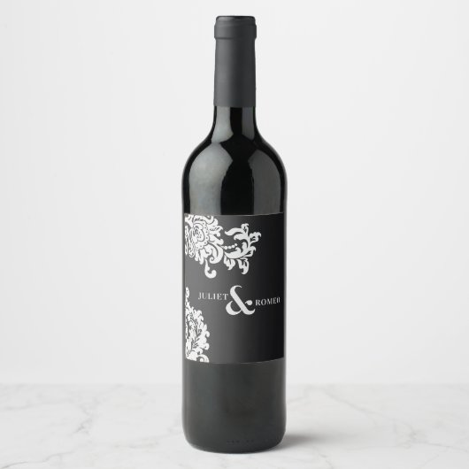 白黒モダンダマスクエレガント結婚式 ワインラベル (正面)
