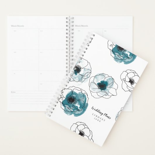 白黒モダンティール(緑がかった色)アネモネ花模様 プランナー手帳 (ディスプレー)