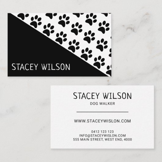 白黒モダンドッグウォーカー又はペットトリマー 名刺 (正面/裏面)