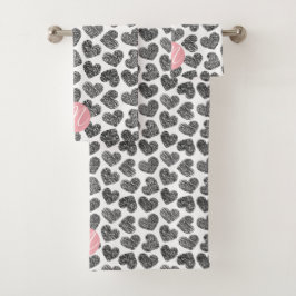 白黒モダンドードルハートモノグラムの バスタオルセット