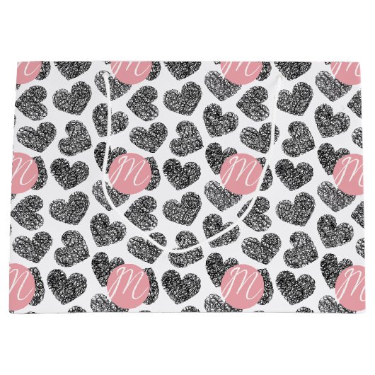 白黒モダンドードルハートモノグラムの ラージペーパーバッグ (正面)