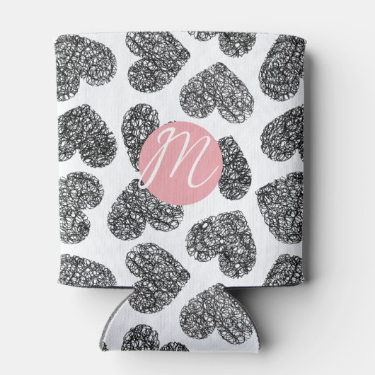 白黒モダンドードルハートモノグラムの 缶クーラー (裏面)