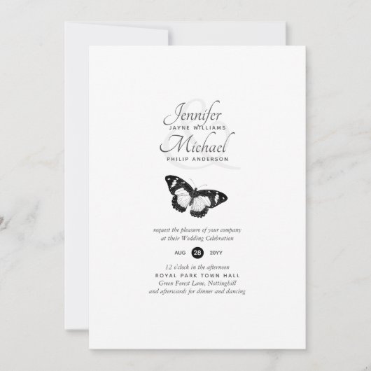 白黒モダンバタフライ結婚式招待状 (正面)