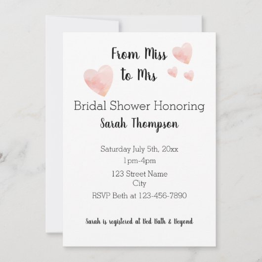 白黒モダンピンクハートブライダルシャワー 招待状 (正面)