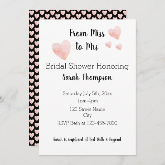 白黒モダンピンクハートブライダルシャワー 招待状 (正面/裏面)