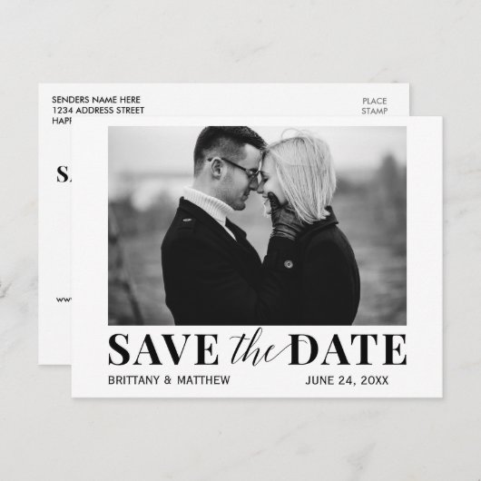 白黒モダンフォトトレンディー日付の保存 ポストカード (正面/裏面)