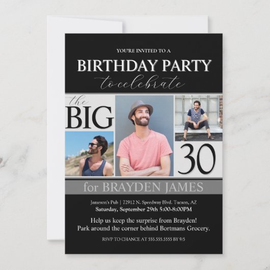 白黒モダンフォト誕生日招待状 招待状 (正面)