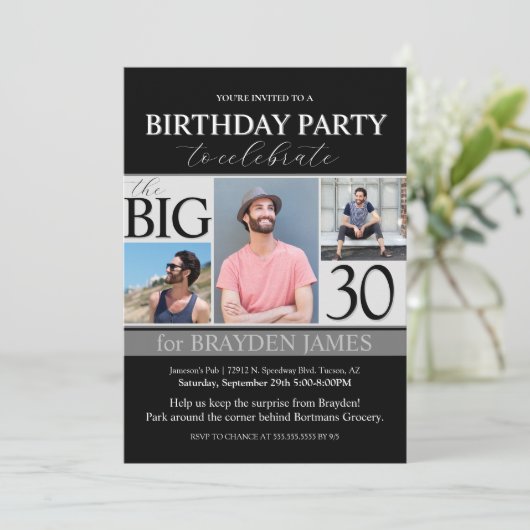 白黒モダンフォト誕生日招待状 招待状 (スタンド正面)