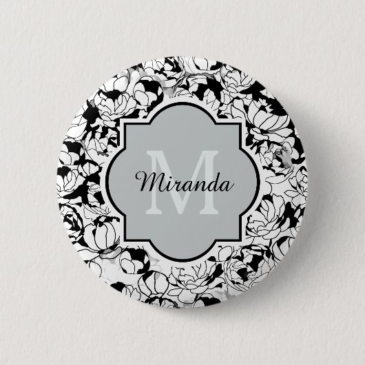 白黒モダンフローラガーリーモノグラム 缶バッジ (正面)