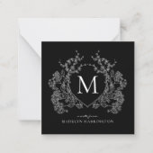 白黒モダンフローラクレストモノグラム ノートカード (正面)