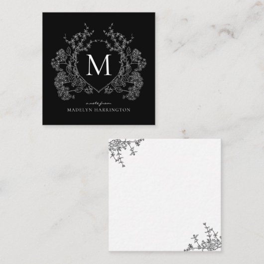 白黒モダンフローラクレストモノグラム ノートカード (正面/裏面)
