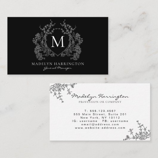 白黒モダンフローラクレストモノグラム 名刺 (正面/裏面)