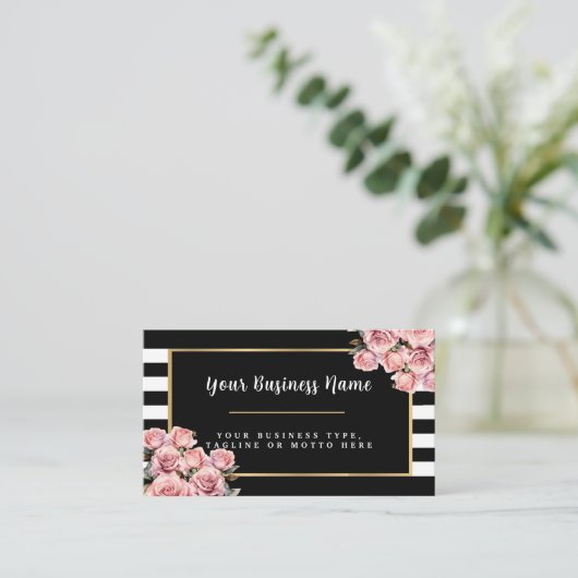 白黒モダンフローラストライプのビジネスカー 名刺 (スタンド正面)