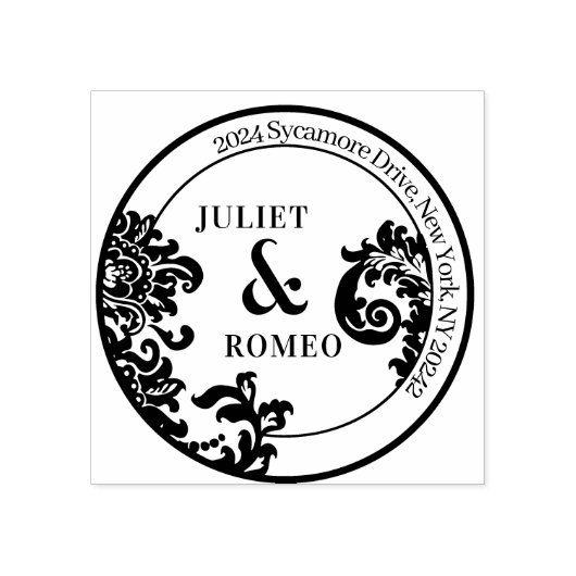 白黒モダンフローラダマスクウェディングカップル ラバースタンプ (インプリント)