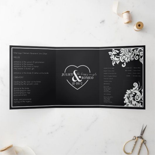 白黒モダンフローラダマスクエレガントウェディング 三つ折りプログラム (内部)