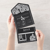 白黒モダンフローラダマスク結婚式 オールインワン招待状 (貼ってはがせる)
