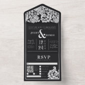 白黒モダンフローラダマスク結婚式 オールインワン招待状 (内側)