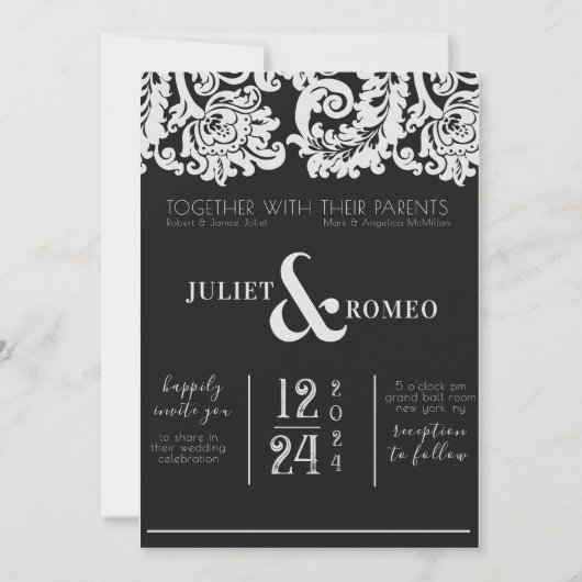 白黒モダンフローラダマスク結婚式 招待状 (正面)