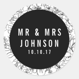 白黒モダンフローラミスター&ミセス・ステッカー ラウンドシール