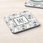 白黒モダンフローラモノグラムの コースター (左側)