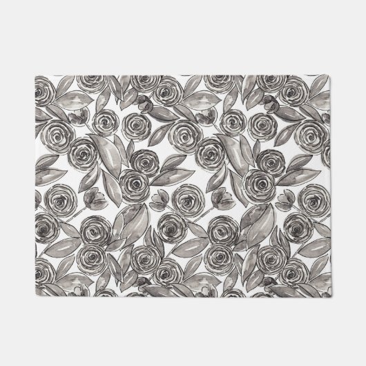 白黒モダンフローラ水彩画 ドアマット (正面)