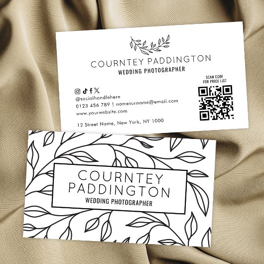 白黒モダンフローラ美しいサロンQRコード 名刺