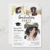 白黒モダンブラッシュストローク3枚の写真の卒業 招待状 (正面)