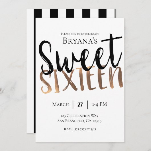 白黒モダンブロンズスイート16パーティー 招待状 (正面/裏面)