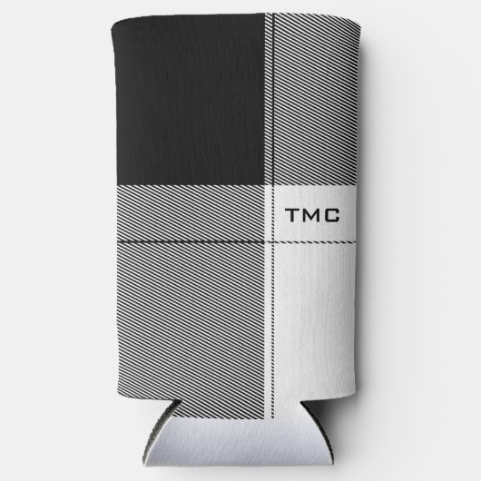 白黒モダンプレイドイニシャルシ名門私立校風のック スリム缶クーラー (正面)