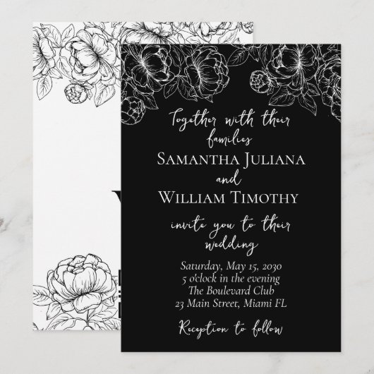 白黒モダンボークラシックホミニマル結婚リスト 招待状 (正面/裏面)