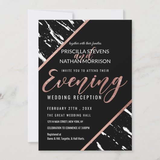 白黒モダンマーブルバラ金ゴールドシック夕べ 招待状 (正面)