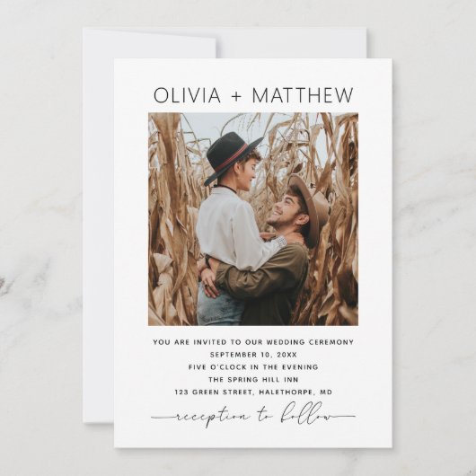 白黒モダンミニマシンプルリム写真結婚の 招待状 (正面)