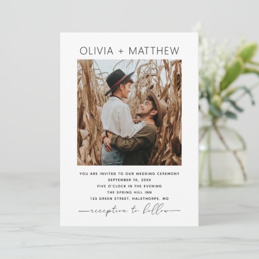 白黒モダンミニマシンプルリム写真結婚の 招待状 (スタンド正面)