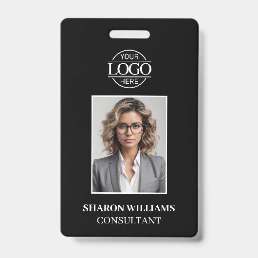 白黒モダンミニマリストの従業員写真 バッジ (正面)