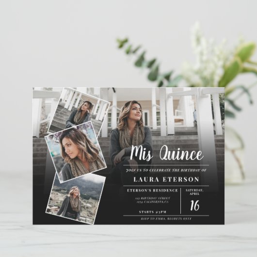 白黒モダンミニマル写真キンセアニェラ 招待状 (スタンド正面)