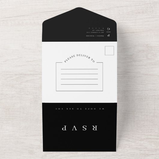 白黒モダンミニマルArch写真QRコードRSVP オールインワン招待状 (外側)