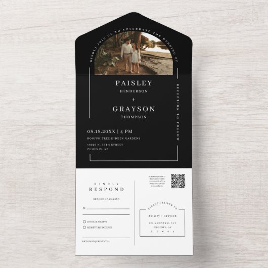 白黒モダンミニマルArch写真QRコードRSVP オールインワン招待状 (内側)